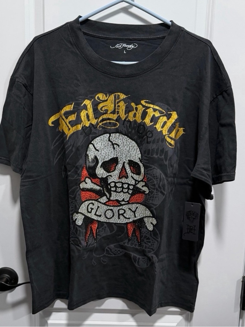 NWT Y2K Style Ed Hardy Rhinestone Glory Skull Tattoo Graphic Tee Shirt Men’s L